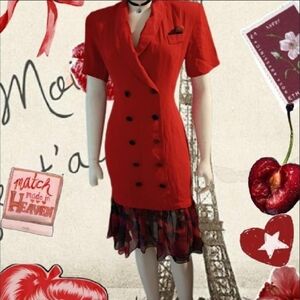 vintage 80s Blondie and me red button up Floral Pattern midi dress Women's Sz 5